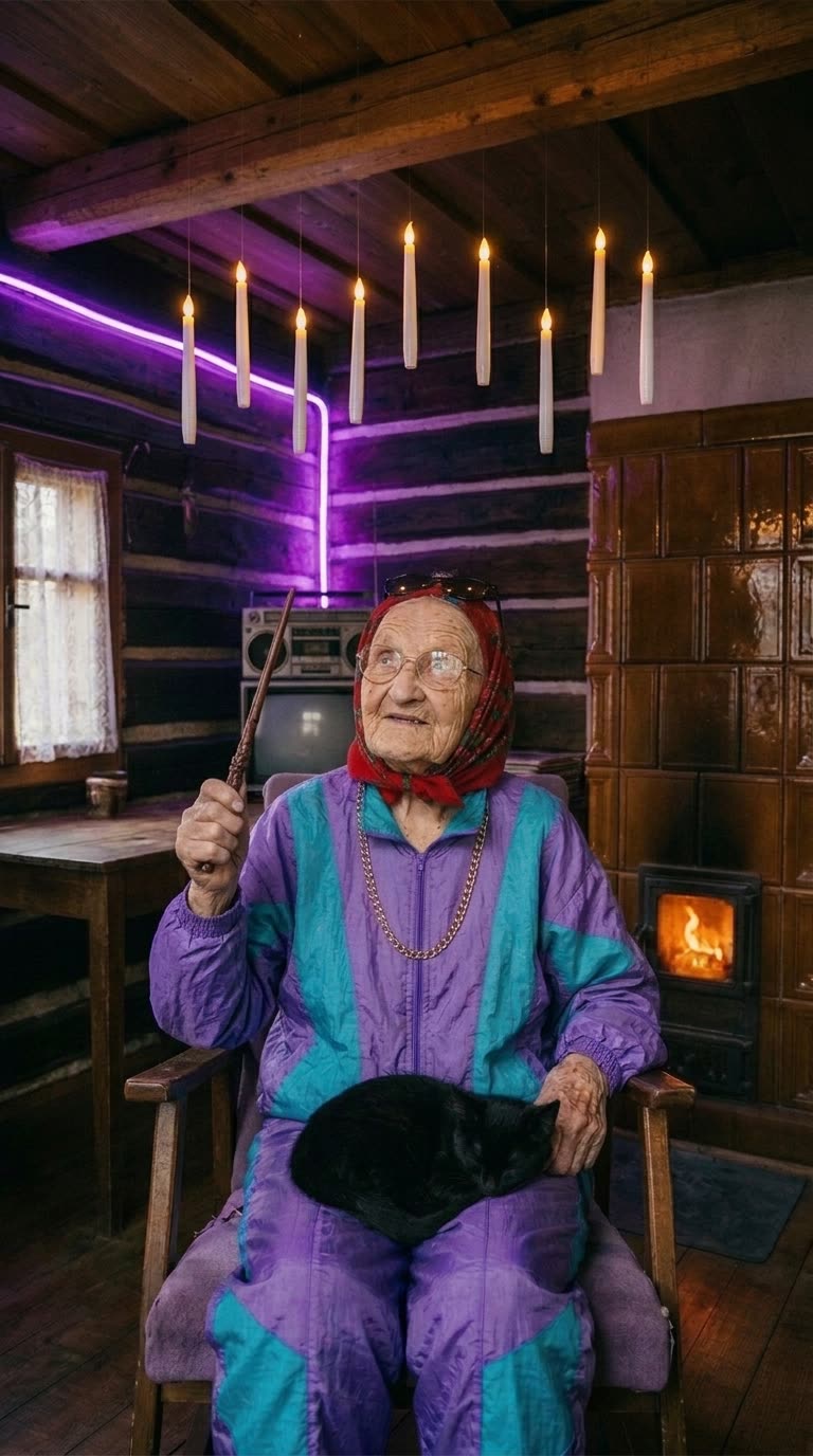 Babcia unosi różdżkę, a świece wiszące pod sufitem świecą ciepłym płomieniem.